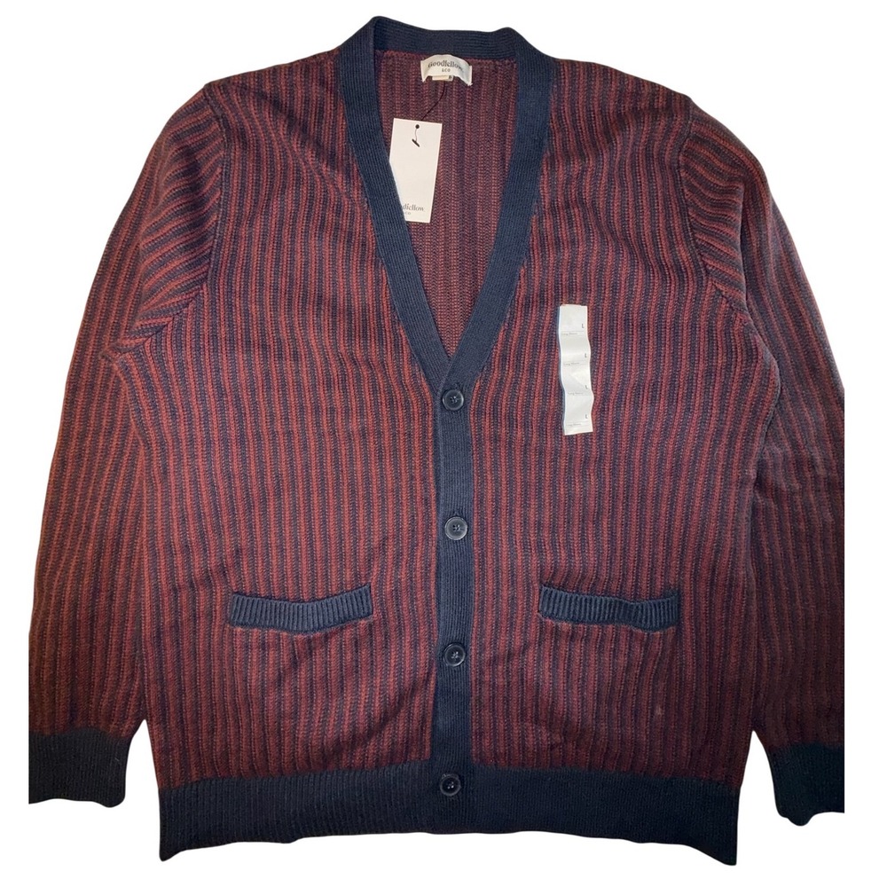 Goodfellow & Co Mens Cardigan Sweater Navy Red Striped Button Front Size L NEW